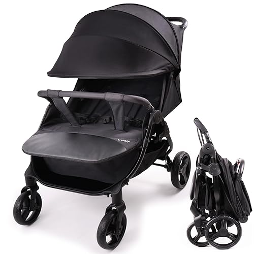 Lvvbaby Cochecito doble con toldos grandes ajustables, cochecito ligero de doble asiento para gemelos, plegable compacto, plegable con una sola
