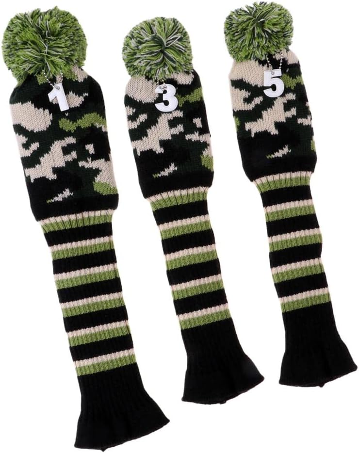 3Pcs Wood Golf Head Covers Knit Pom Pom Vintage Headcover Set - Shaft ion, Easy On/Off - for Golf Club and Putter Heads - Golf Enthusiasts Accessories
