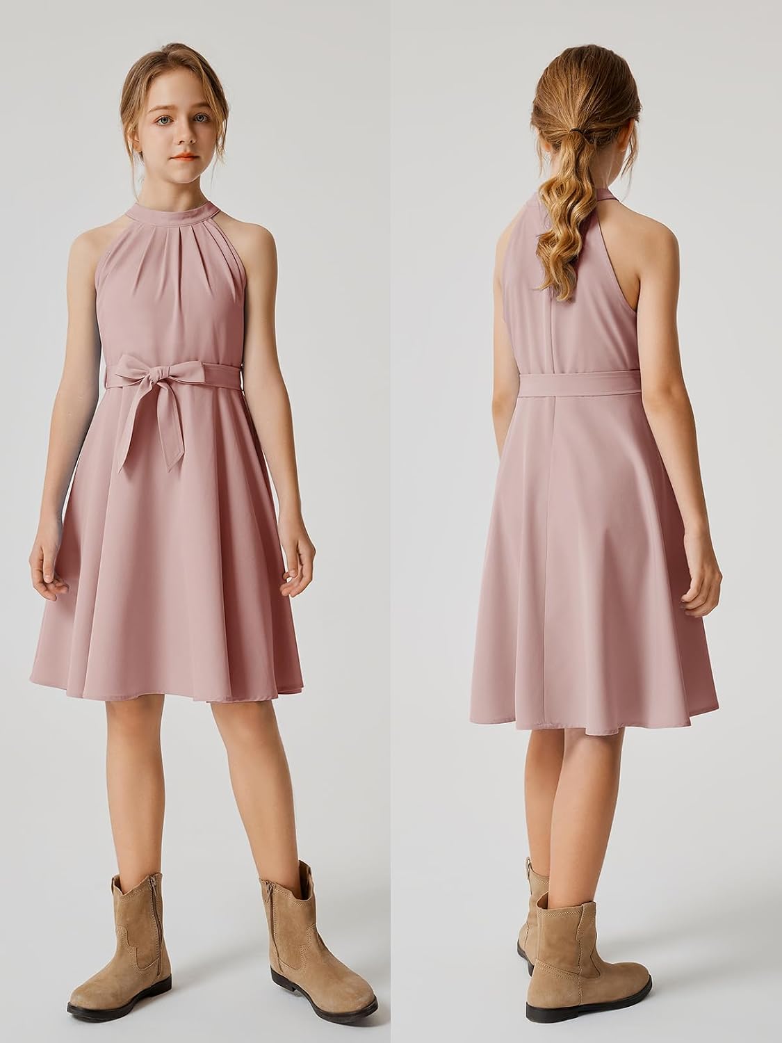 Quedoris Girls Halter Neck Pleated A-line Swing Flared Belted Casual Party Dress with Zipper image 4