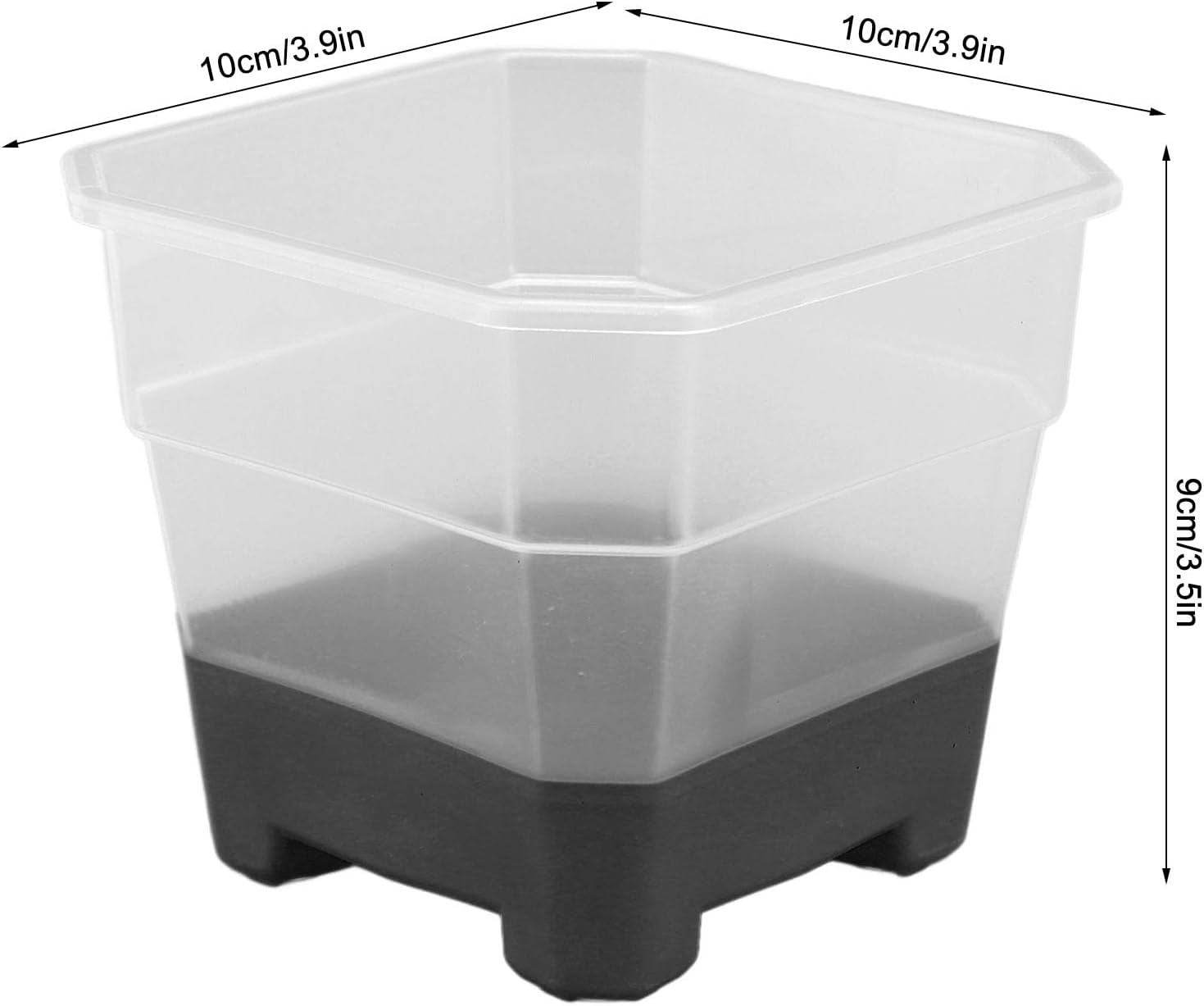 BFYDOAA 20pcs Reusable Plastic Nursery Pots 4in Square Starter Pots with Drainage Holes, Clear Seedling Planter with Silicone Base for Easy Transplant (Black)
