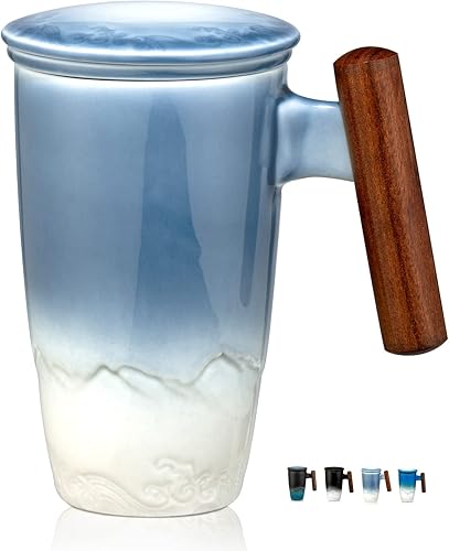 Miniatura 7 de suyika Taza de té de cerámica con infusor y tapa Tazas de té Mango de madera 13.5 fl oz13.5oz verde oscuro