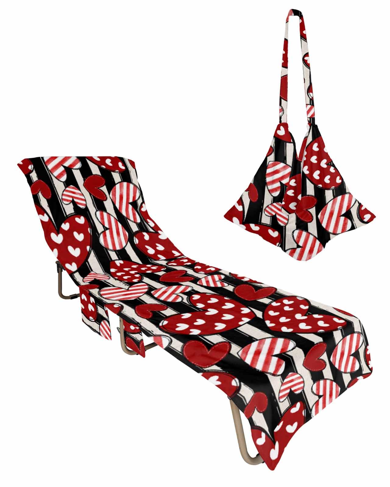 Love Stripes Beach Chair Towel Covers for Chaise Lounge with Side Pocket, Soft Plush Pool Towels Cover for Patio Sunbathing Outdoor 29''x85'' Valentine's Day Polka Dots Black Geometric