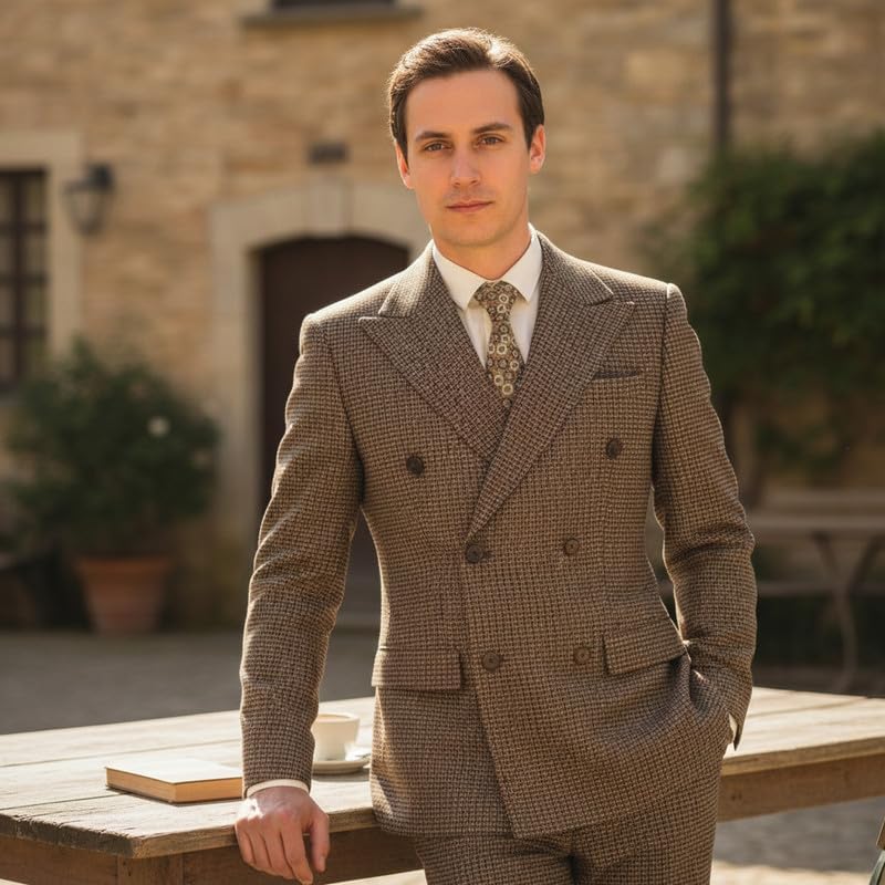 Men’s Houndstooth Blazer Double Breasted 6 Button Peak Lapel Vintage Suit Jacket with Flap Pockets