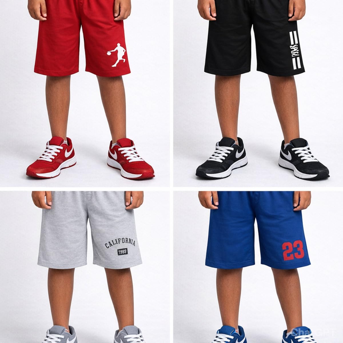 Boys Athletic Shorts, Pack of 4, Multi-Colour Sports Shorts with Graphics, Navy Blue, Red, Grey, Turquoise-image-1