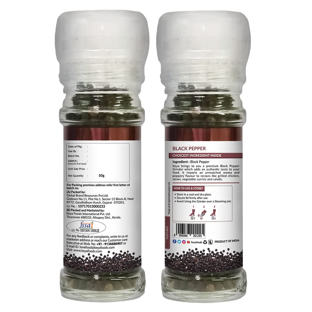 Keya Black Pepper Grinder 50g Perfect for Enhancing the Flavor of Chaats, Chutneys, Salads, Fruits, Grilled Chicken More Seasoning for Everyday Cooking Garnishing Pack of 2