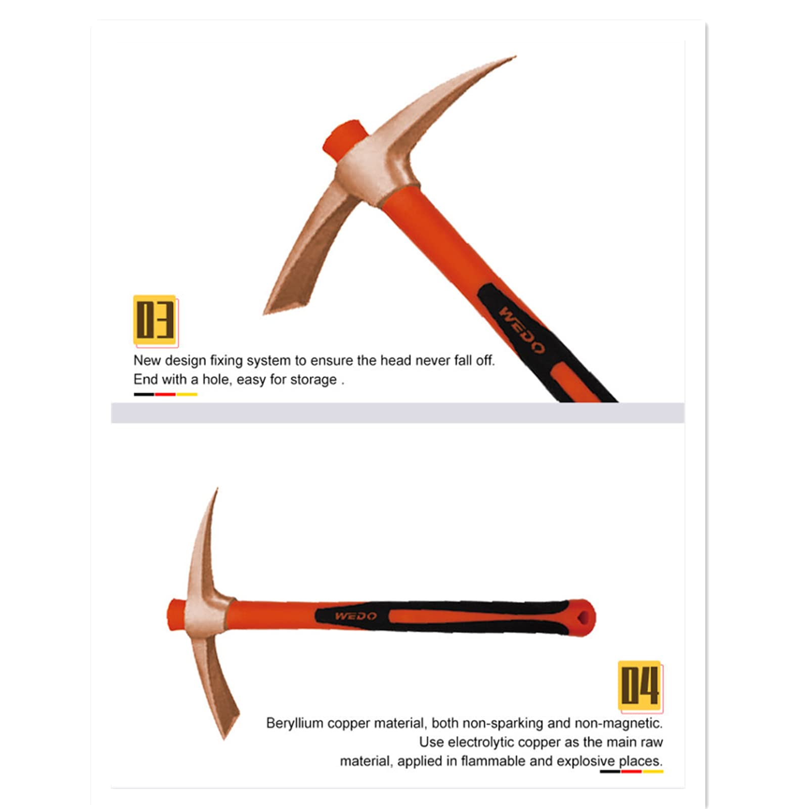 WeDo Ferrocarril sin chispas, mango de fibra de vidrio de seguridad sin chispas, cobre berilio no magnético, forjado a presión, resistente a la corrosión, estándar DIN BAM/ATEX