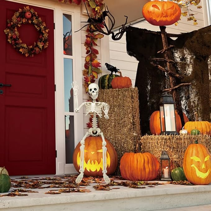 36 inches Halloween Skeleton Decorations, 3FT Halloween Posable Skeleton Plastic Realistic Human Full Body Bones with Movable Joints for Halloween Party Decor, Haunted House Props Indoor Outdoor Decoration