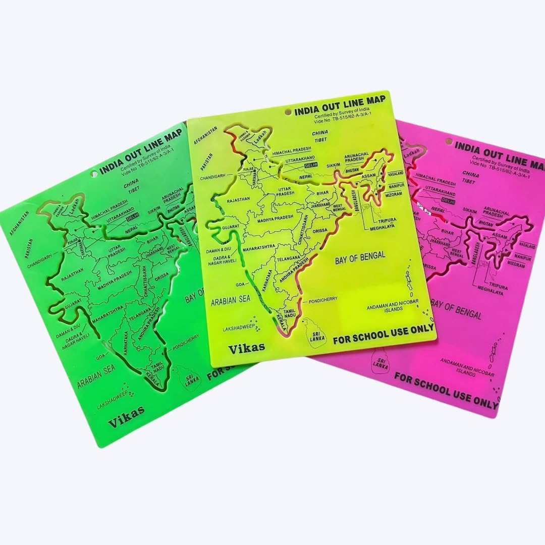 Vikas India Map Stencil for Students | Indian Map Outline Drawing Tool for Class Projects & Exams | Clear Borders for Neat Tracing | Ideal for CBSE ICSE School Use (Green, Yellow, Pink) (3)