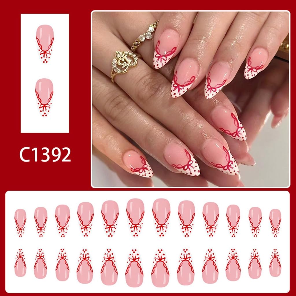 24pcs White Fake Nails French Styles Bows Accents Easy Apply Artificial Nails For Parties Weddings Daily Use