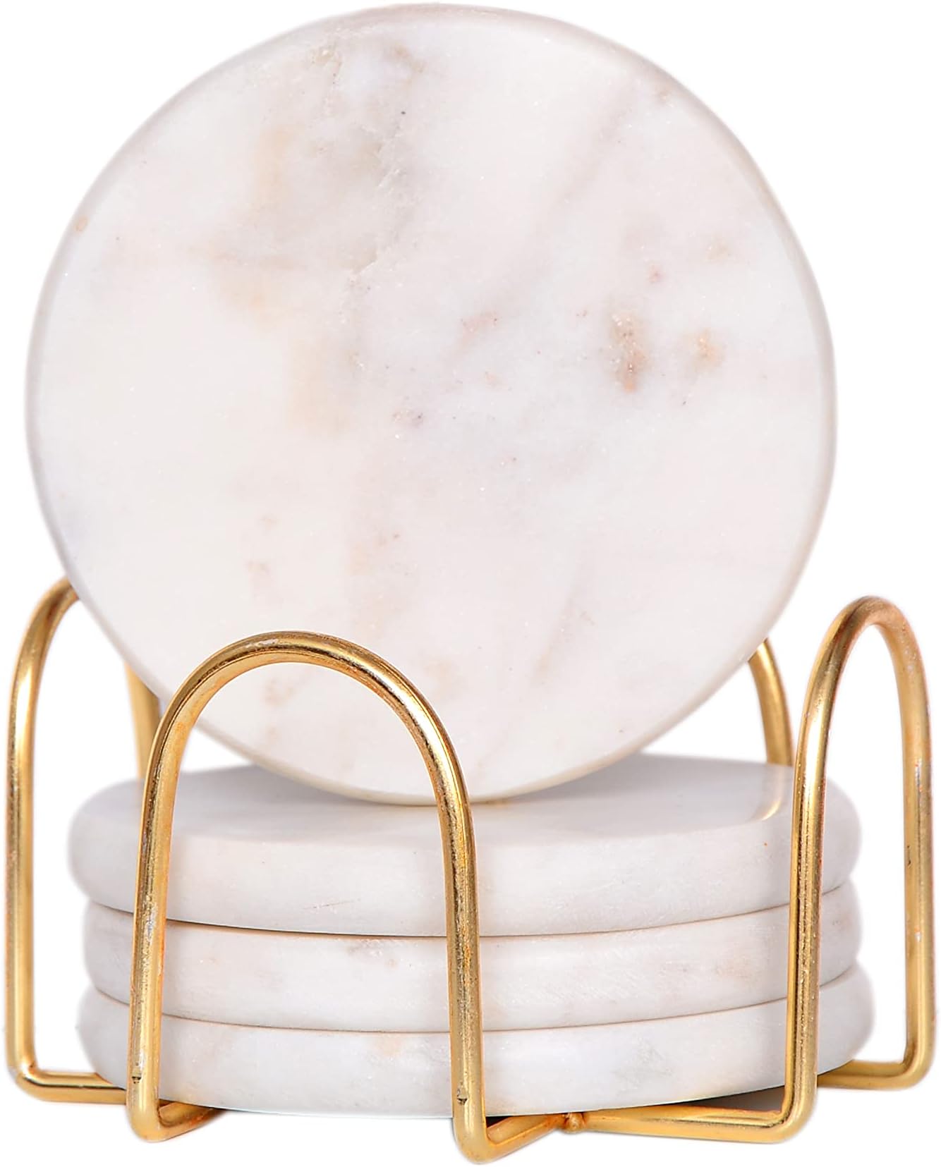 CentraLit Round White Marble Coasters Set of 4 with Stand - Bar Wine Coasters for Table - Set of 4 Vintage Handmade Marble Stone Coaster Set with Holder (Round Shape) (Gold)