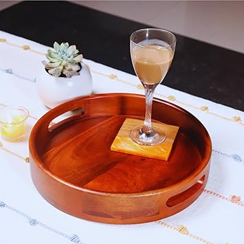 Handcrafted Round Wooden Serving Tray, Tray for Kitchen Decor | Tray for Kitchen Organizer, Wooden Serving Platter - 1 Pc (‎40.5 x 40.5 x 5 cm, Brown) | Natural Glossy Collection