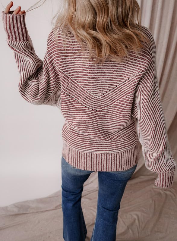 EVALESS Sweaters for Women Teacher Outfits Lightweight Oversized Striped Sweaters Fall Trendy 2025 Long Sleeve Chunky Knit Tops Dressy Casual Winter Clothes Off Shoulder Crew Neck Red Sweater, Large4