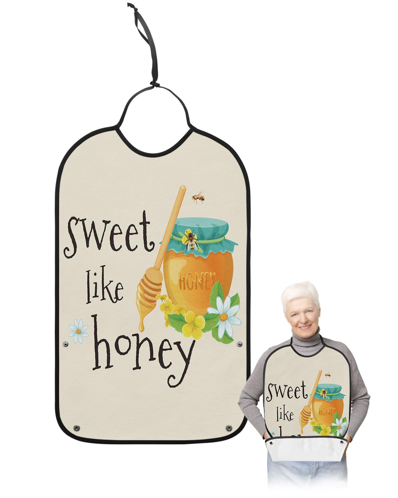 LEOKOTI Farmhouse Summer Sweet Bee Adult Bibs for Eating, Waterproof Bibs with Food Catcher & Adjustable Snap Closure, Sweet Like Honey Washable Clothing Protectors Adult Bibs for Elderly Women/Men