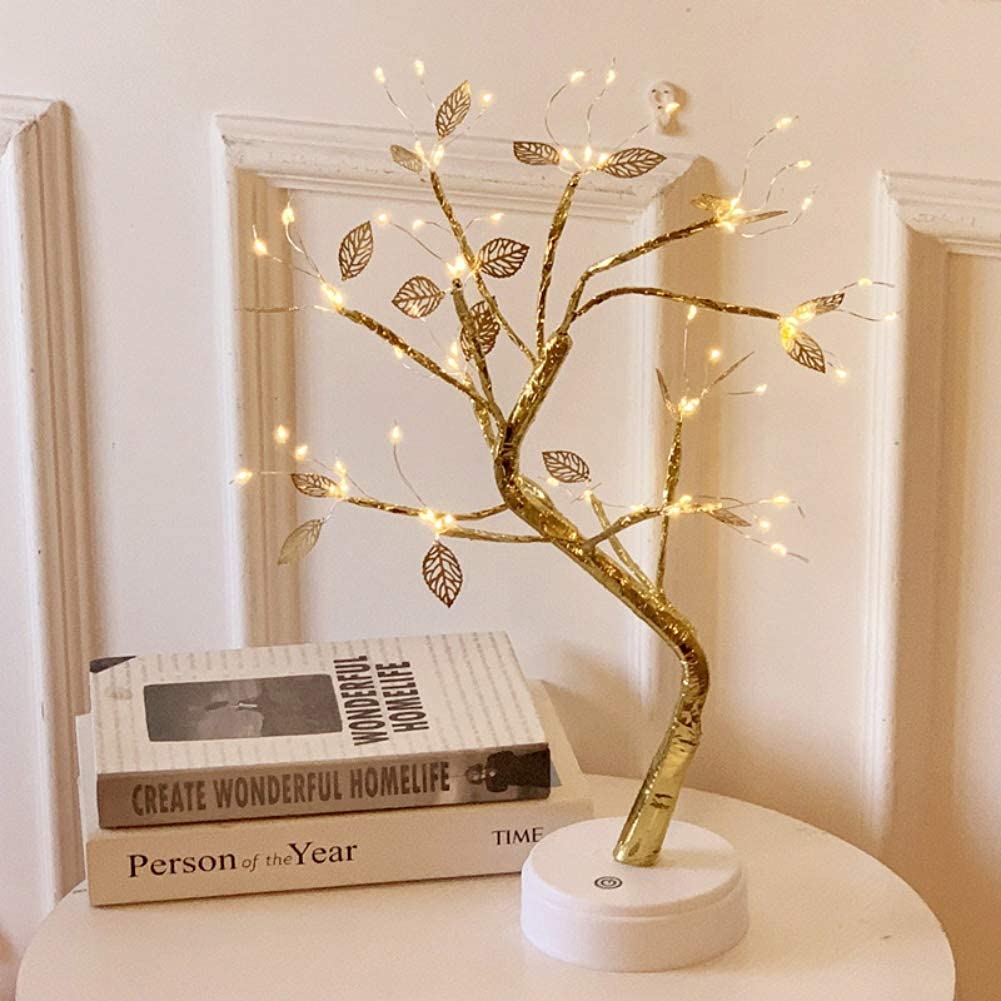 Gold Bonsai Tree Lamp With Pearl Fairy Lights – Touch Control, USB/Battery Operated – Aesthetic Bedside & Room Decor