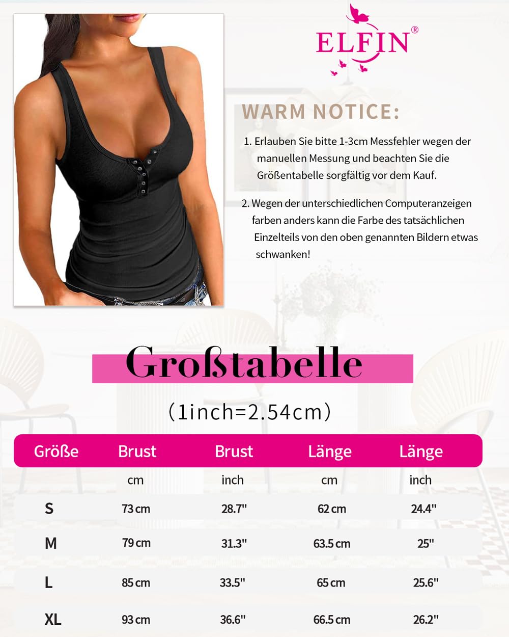 ELFIN Damski tank top na lato, seksowny top z dekoltem w kształcie litery U, bez rękawów, krój slim fit, Henley, top z zapięciem na guziki