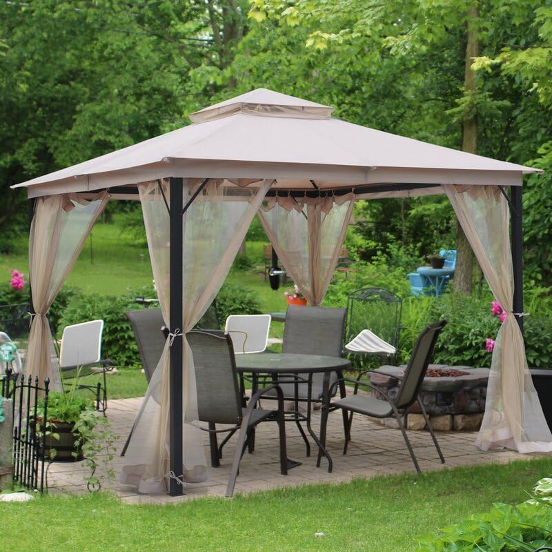 Outdoor Patio Gazebo 10×10, Heavy Duty Gazebos, Soft Top Gazebo with Metal Frame, Double Roof Canopy, Mosquito Nets, Permanent Pavilion for Decks & Backyards