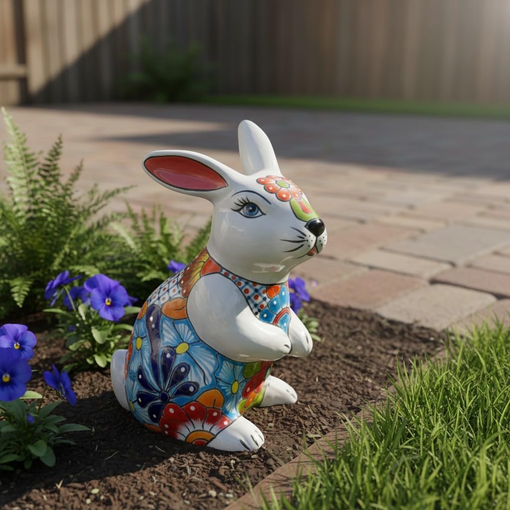 Talavera Bunny Statue | Colorful Hand-Painted Mexican Rabbit Decor