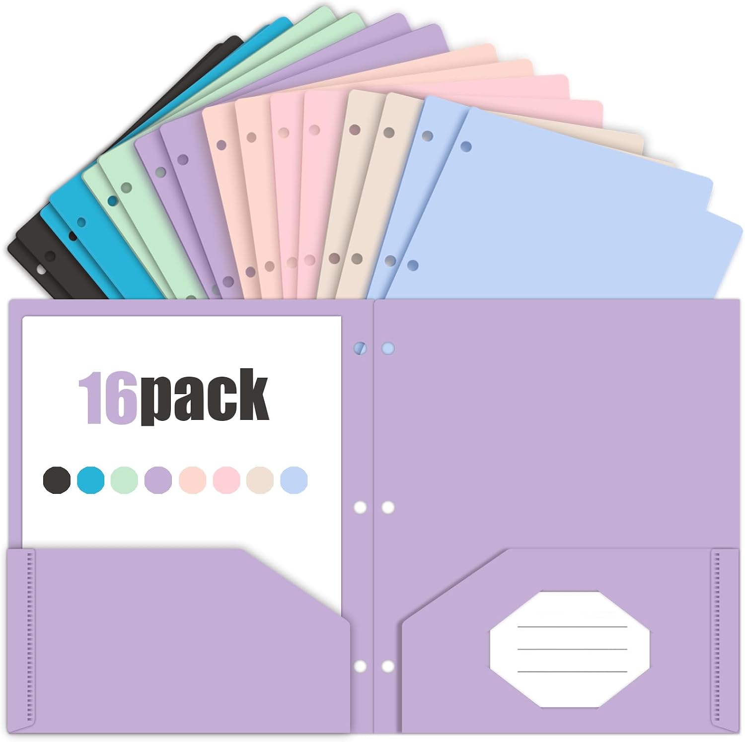 3 Hole Pocket Folders, Plastic Pocket Folders for 3 Ring Binder, 2 Pockets Binder Folders with Business Card Slot for School, Office, Home Organization Letter Size 16 Packs