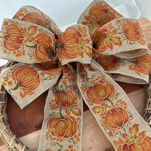 Fall-Pumpkins-Wreath-Bow-10-Wide-18-Long-Tails-Fall-Decor-Orange-Beige-Sparkly-Halloween-Thanksgiving-Swag-Garland-Farmhouse-Country-Decor-Front-Door-Decor Fall Pumpkins Wreath Bow 10 Wide 18 Long Tails Fall Decor Orange Beige Sparkly Halloween Thanksgiving Swag Garland Farmhouse Country Decor Front Door Decor