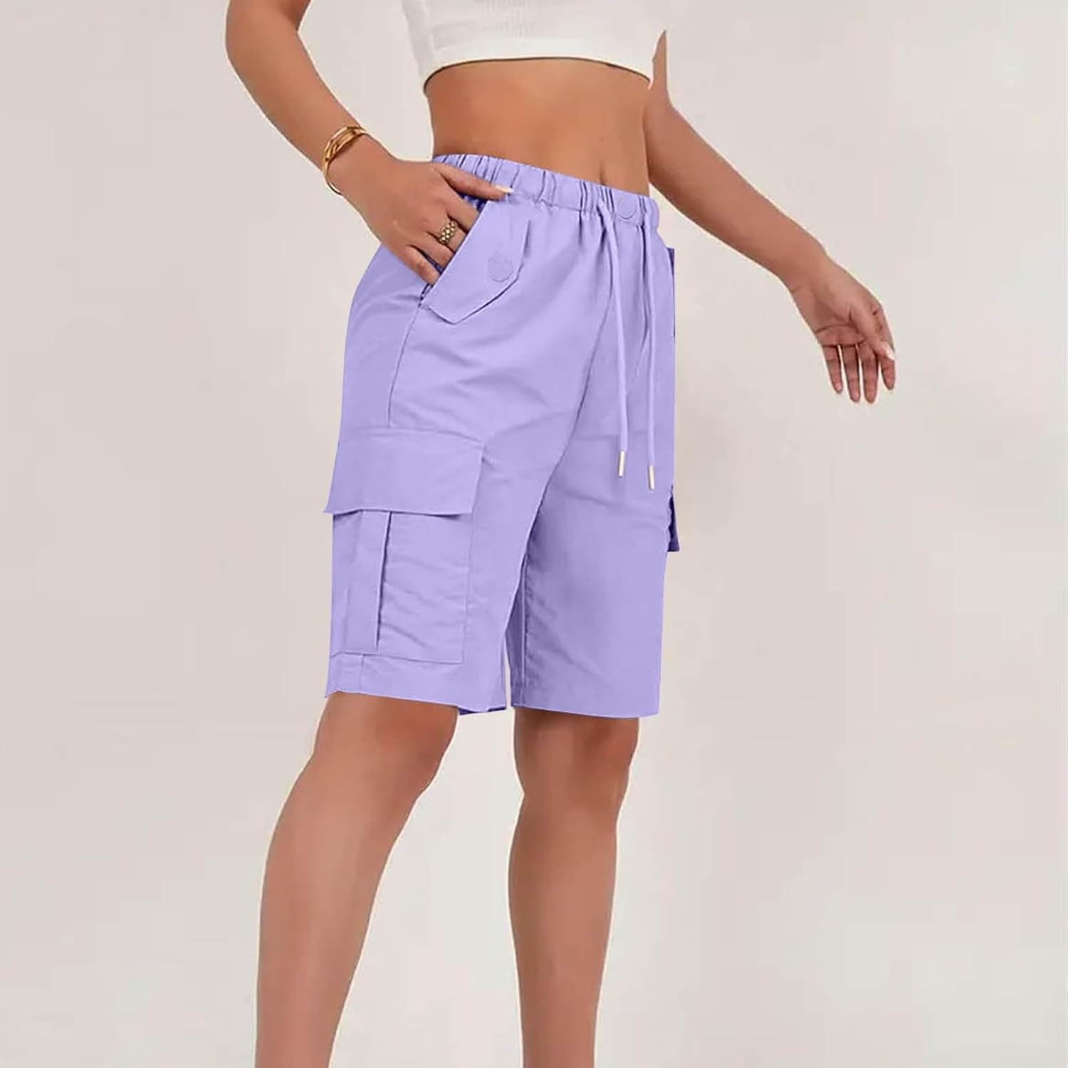 Bermuda Shorts for Women with Pockets Knee Length Elastic Waist Cargo Shorts Casual Summer Cropped Work Hiking Pants