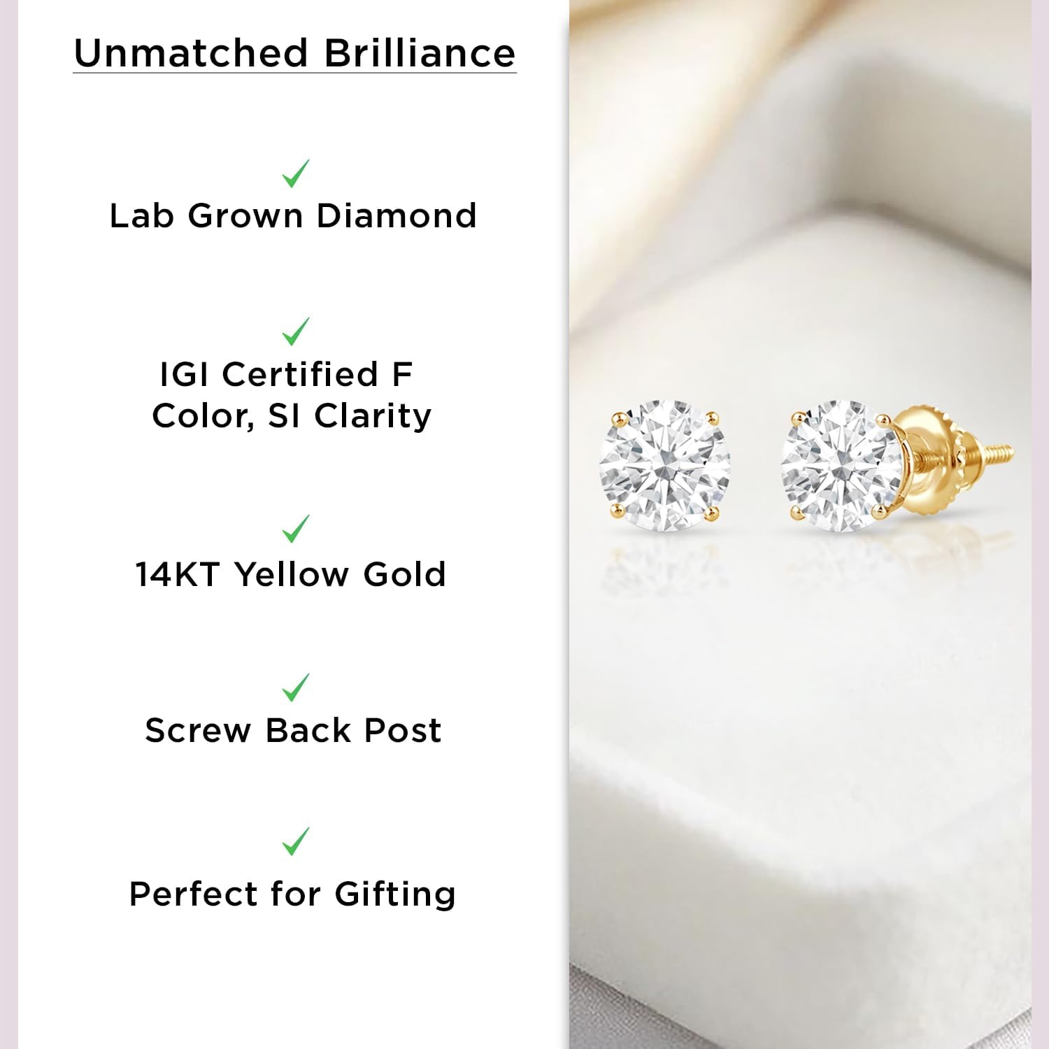 IGI Certified 0.25 to 2.00 Carat Lab Grown Diamond Stud Earrings for Women in 14KT Real White or Yellow Gold | Round Cut Studs| 4 Prong Setting with Screw Back (F Color, SI Clarity)