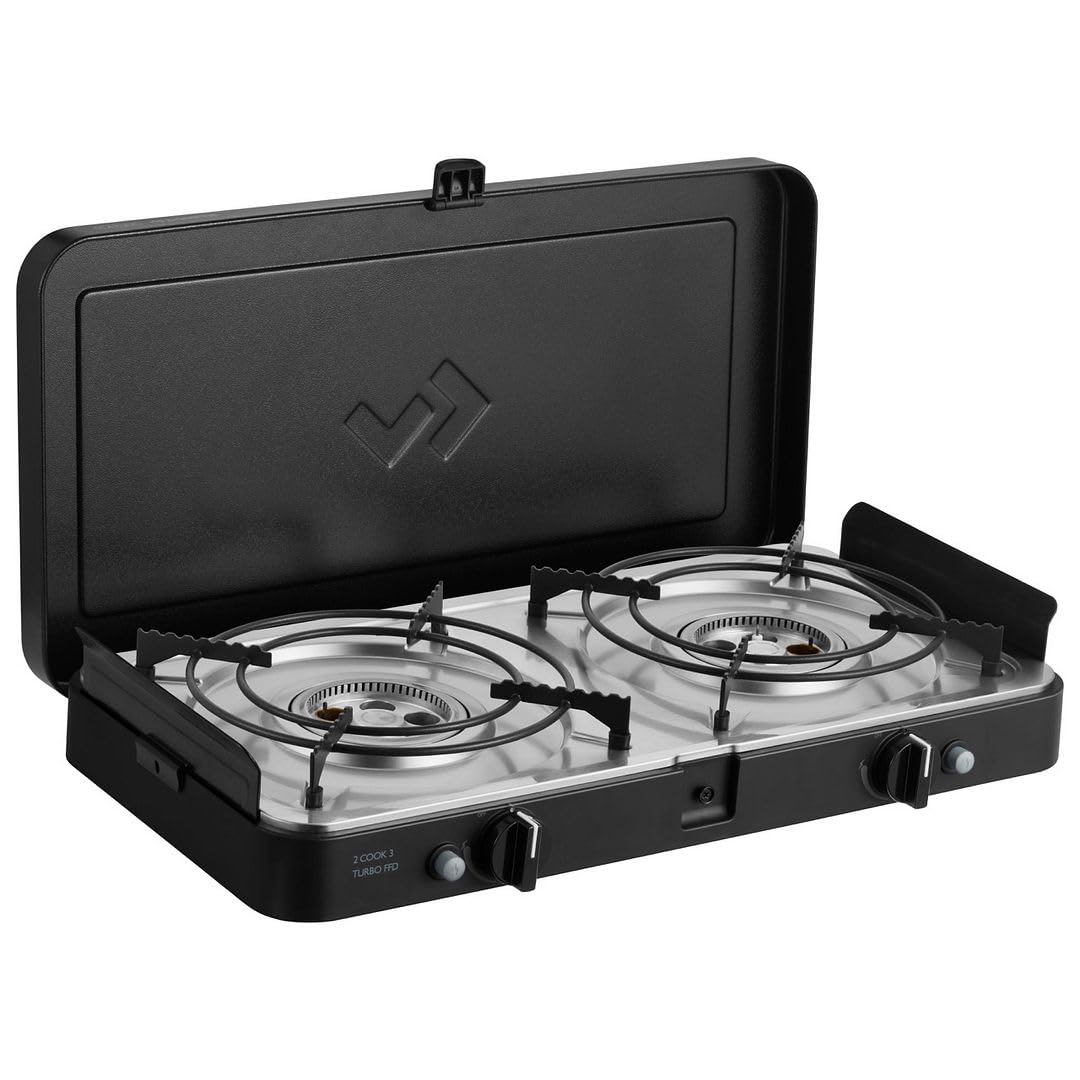 CADAC 2 Cook 3 Turbo Deluxe Grill da Tavolo Portatile - 30 mBar | BBQ Gas Esterno a 2 Fuochi, Accensione Piezo, Dispositivo Sicurezza Fiamma, Piastre di Cottura & Borsa