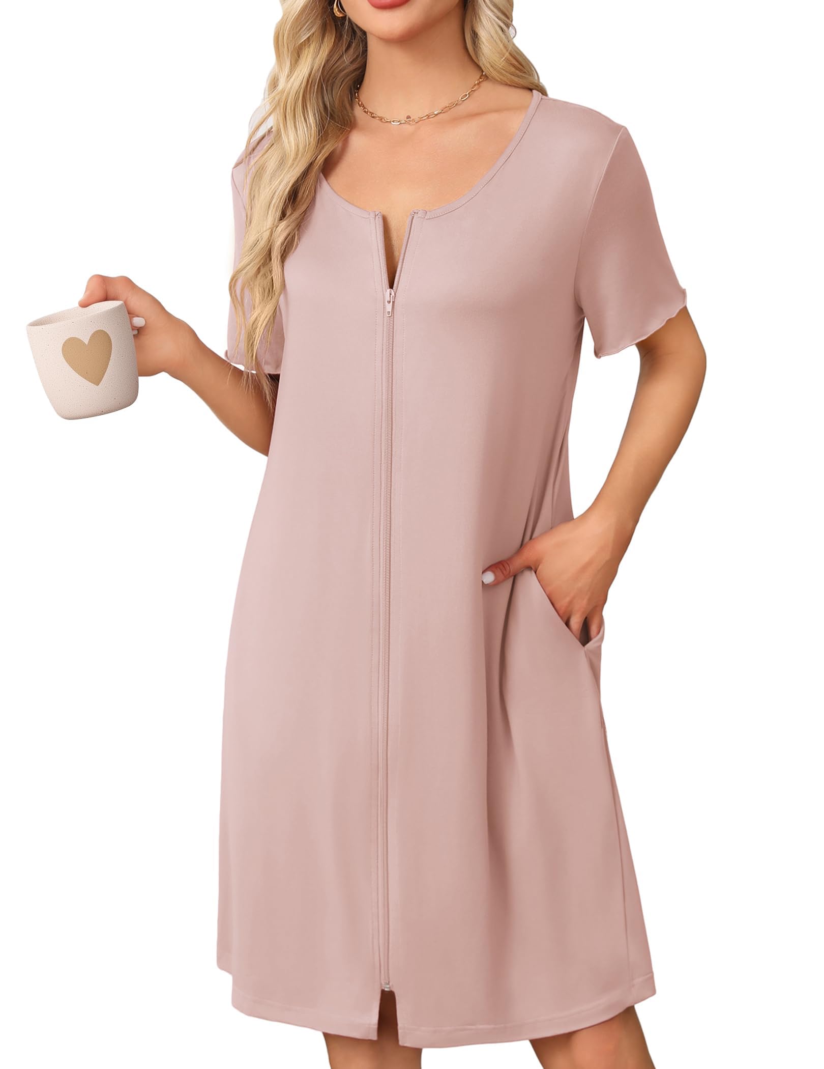 Ekouaer Womens' Zipper Robe Short Sleeve Bathrobes Summer Sleepwear Soft Housecoat with Pockets Zip Up House Robes S-3XL