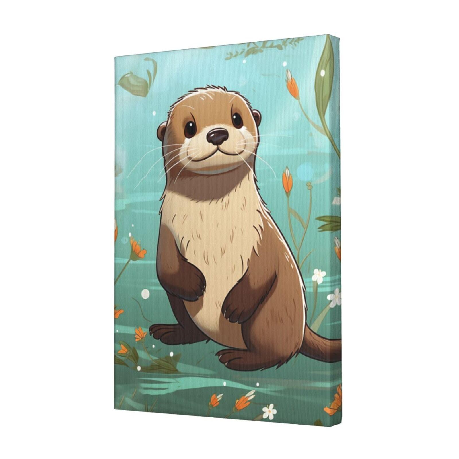 FodPand Cartoon Cute Otter Canvas Wall Art for Living Room Wall Decor 12"x18" Modern Artwork Painting Pictures Hanging Canvas Prints Aesthetic Wall Art for Bedroom Bathroom Office Wallart Decor