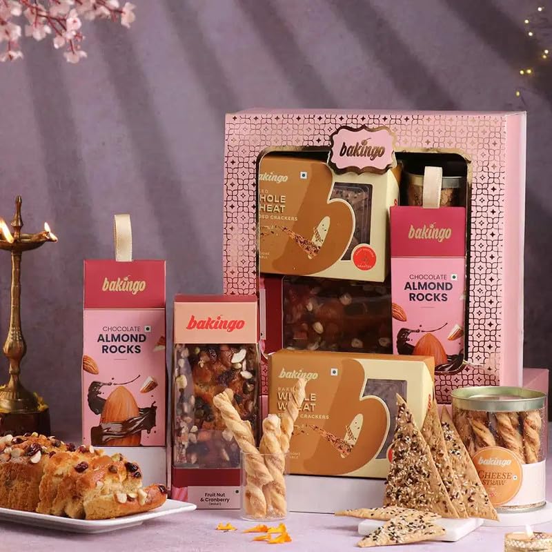 Bakingo Premium Gift Hamper of Wheat Seeded Crackers, Almond Rock, Cheese Straws, Tea Cake In Box For Birthday Gift, Anniversary Gift, Christmas Gift & New Year Gift (Same Day Delivery)