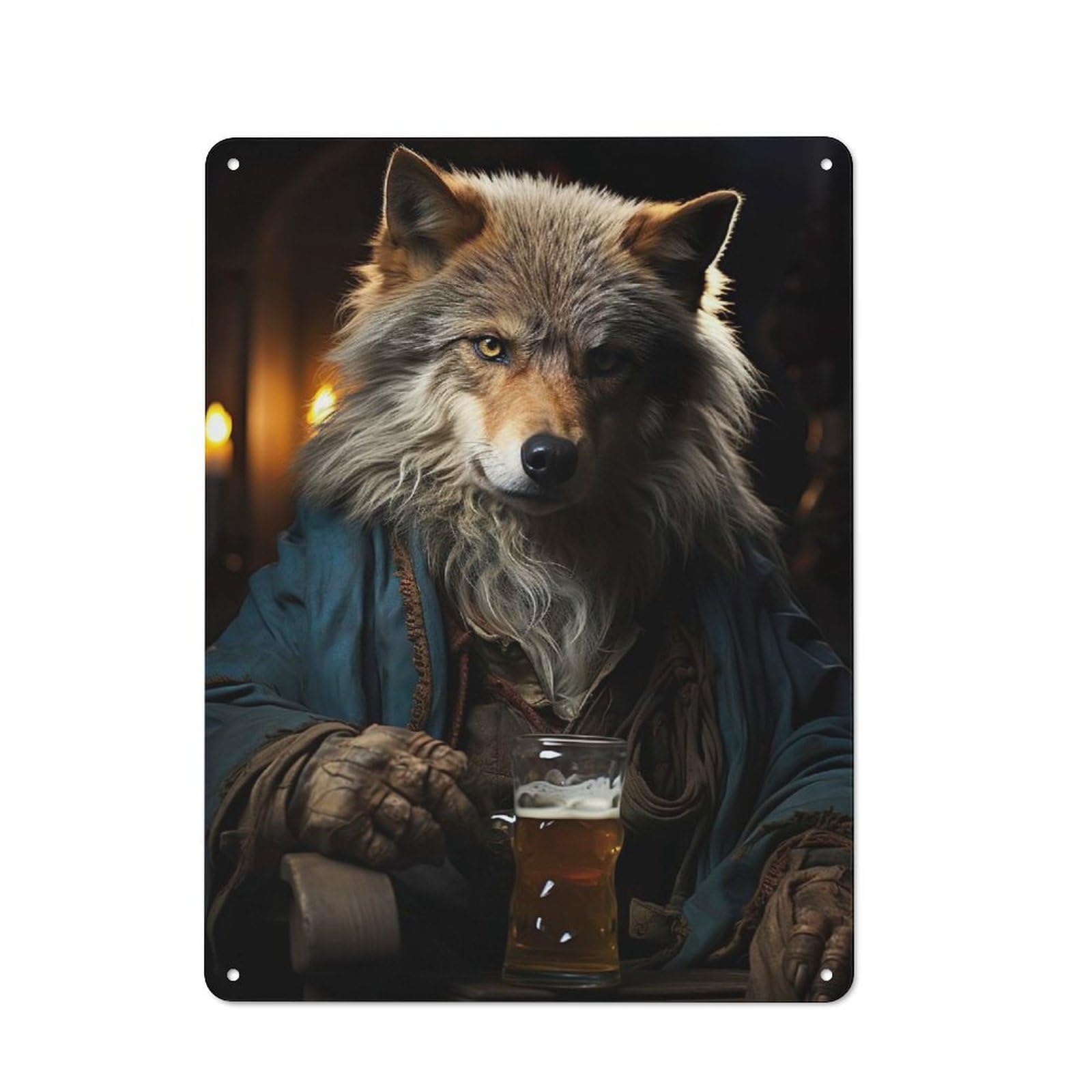 Junmoney Beer-Sipping Wolf Art Printed Metal Sign 40X30cm For Café Or Restaurant, New-Space Wall Decor For Café Owners And Decorators