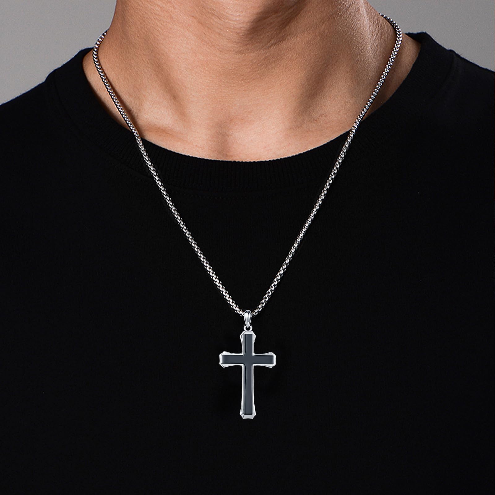 KQ&TTENG Holz Kreuz Halskette für Herren Walnuss Schwarz Hypoallergen Jesus 925er Sterling Silber Religiöser Anhänger Schmuck für Herren und Damen