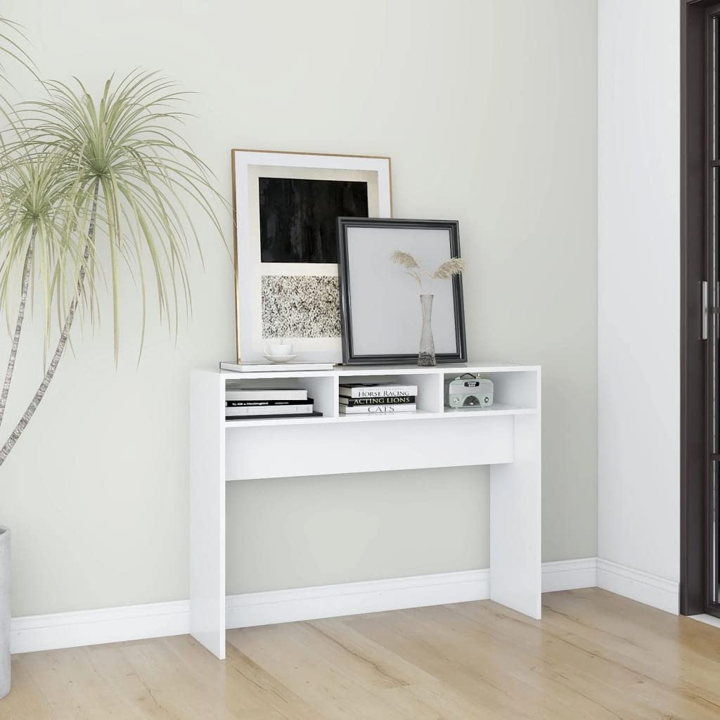 Mesa consola blanca 105 x 30 x 80 cm, de madera, mesa auxiliar, mesa auxiliar de madera, mesa auxiliar de pasillo, mesa de madera, mesa de consola para salón con 3 compartimentos abiertos,