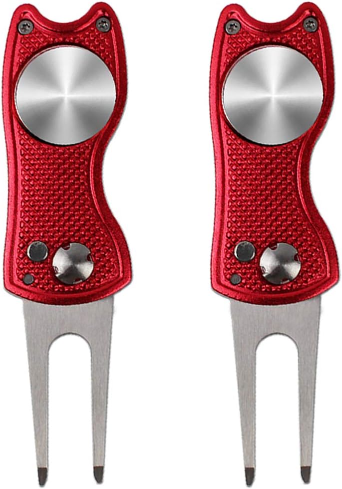 kaveno Golf Divot Repair Tool, Foldable Pop-up Button Stainless Steel Switchblade & Detachable Golf Ball Marker (Red Fish 2 Sets) : Sports & Outdoors