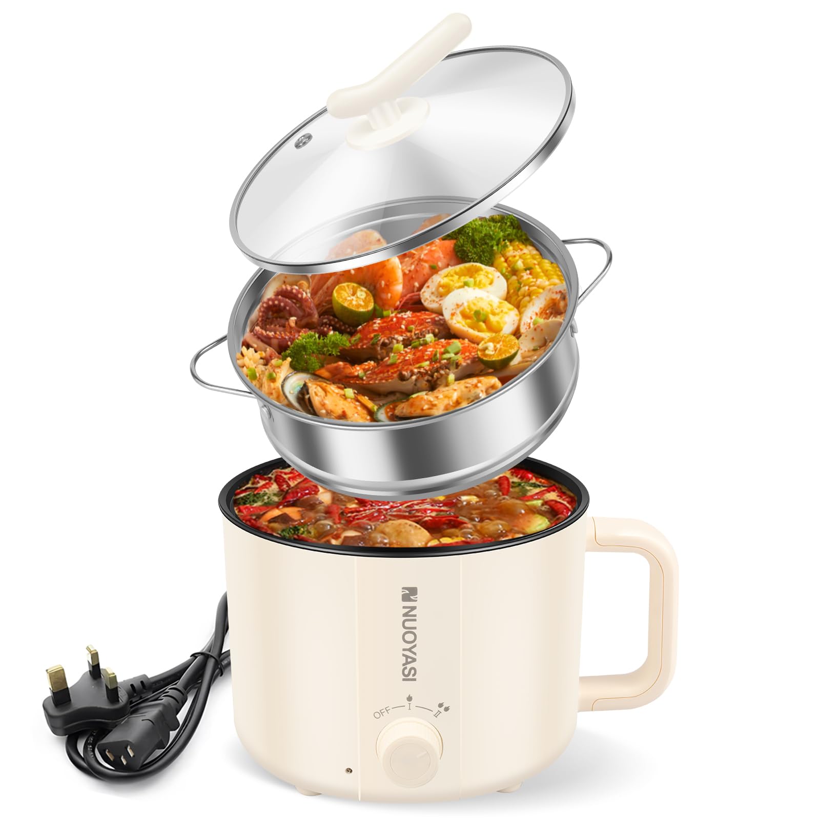 Electric Hot Pot 1.8L Mini Multifunctional Electric Pot with Overheat Boil Dry Protection Multifunctional Portable Travel Cooker 2 Gear Non Stick Fring Pan for Steak Egg Fried Rice Soup (Double layer)