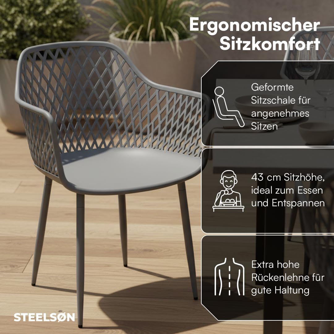 STEELSØN Quasira Gartenstühle 6er Set – Gartensessel wetterfest & UV-resistent – Outdoor Stühle für Balkon/Garten/Terrasse – Loungesessel Grau bis 120 kg – Schalenstuhl aus Kunststoff mit Armlehnen