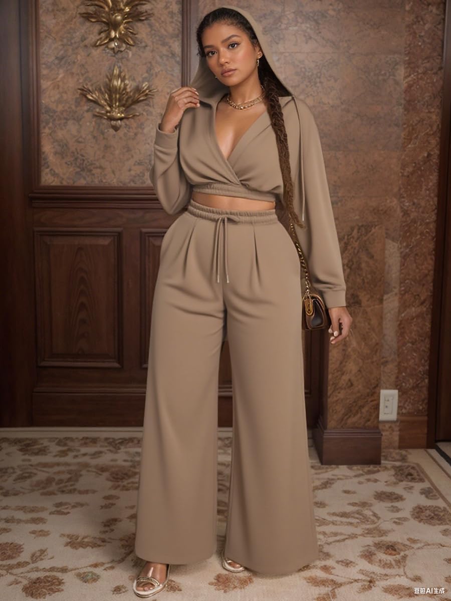 Sweat Suit Women 2 Piece Set 2025 Casual Long Sleeve V Neck Crop Hoodie Loose Wide Leg Sweatpants Fall Tracksuit - Image 2