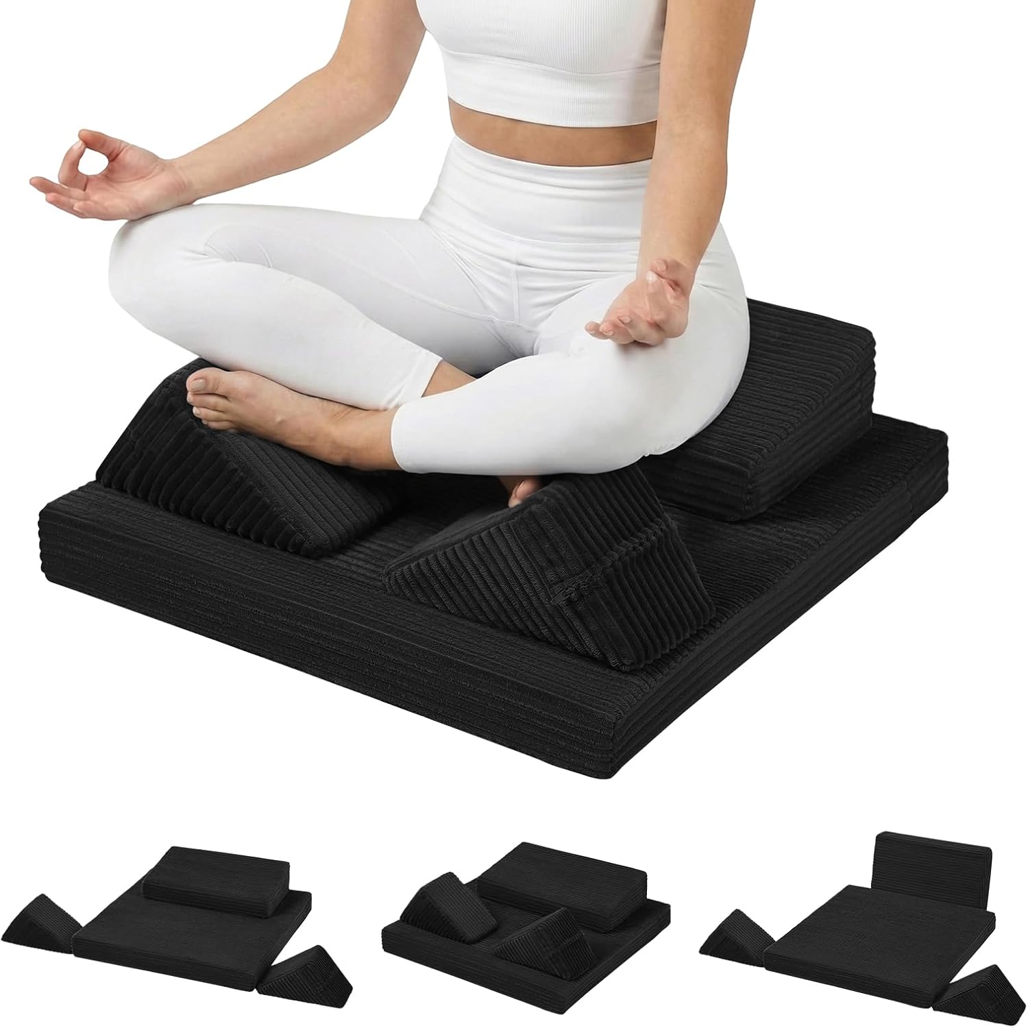 Meditation Cushion Set, Meditation Pillow for Sitting on Floor, Large Yoga Pillow with Knee Support, Washable Zafu Meditation Mat, 3 Shapes Floor Pillow for Adults, Black
