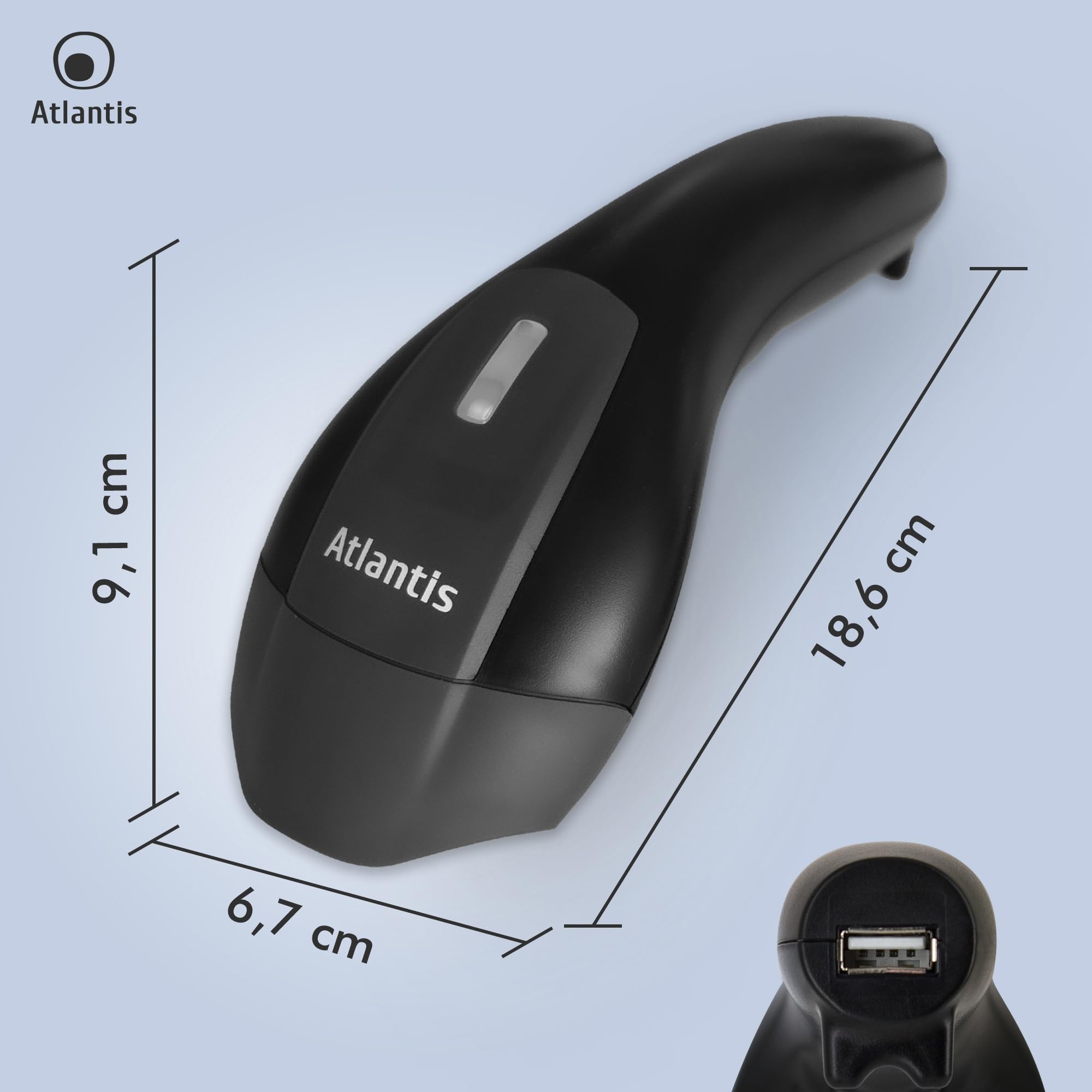 Atlantis A08-LS1552-W Lettore Codici a Barre Barcode reader scanner Wireless 1D Laser (650nm), 270 scansioni sec, codice farmaceutico, collegamento USB, guida rapida.