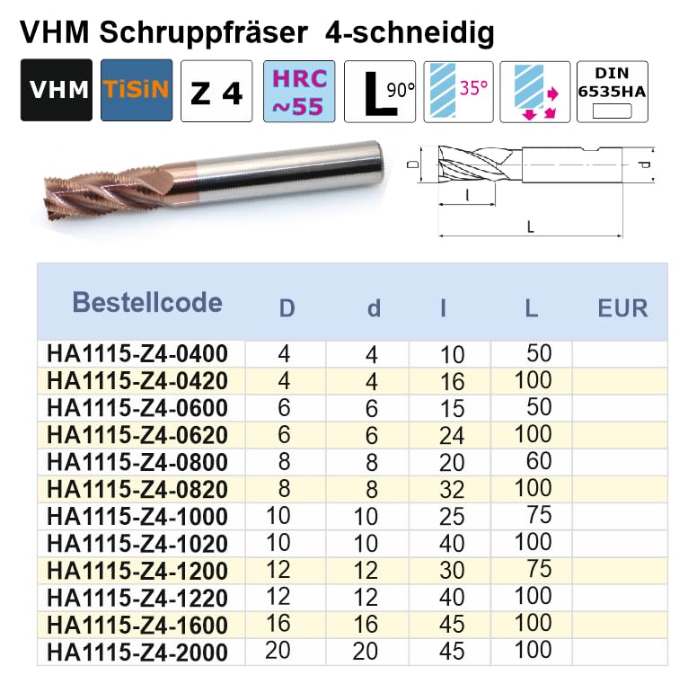 VHM Schruppfräser Z4 TiSiN beschichtet HRC55