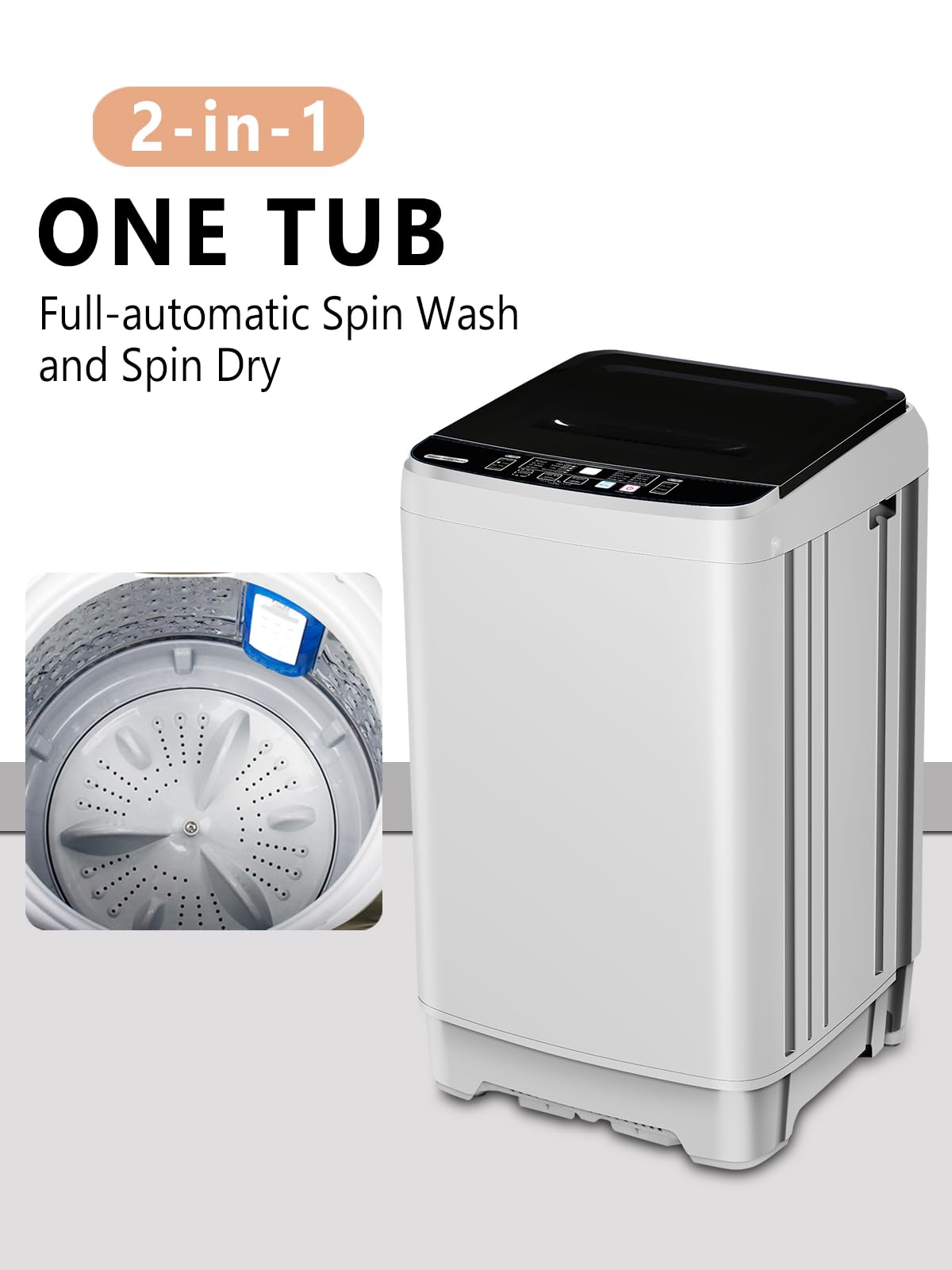 Full-Automatic Washing Machine with Drain Pump, 17.7 lbs Compact Washer, 10 Wash Program & 8 Water Level, Ideal for Apartment, Dorm, RV, GREY (KB02-GREY6)