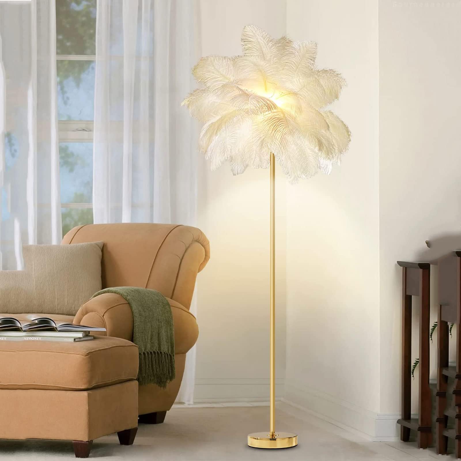 KKXXYQFC Lampada da dimmerabile da 160 cm con Piume di Struzzo Naturali Lampada da Lettura a LED da Perfetta per L'Ufficio e la Decorazione della casa