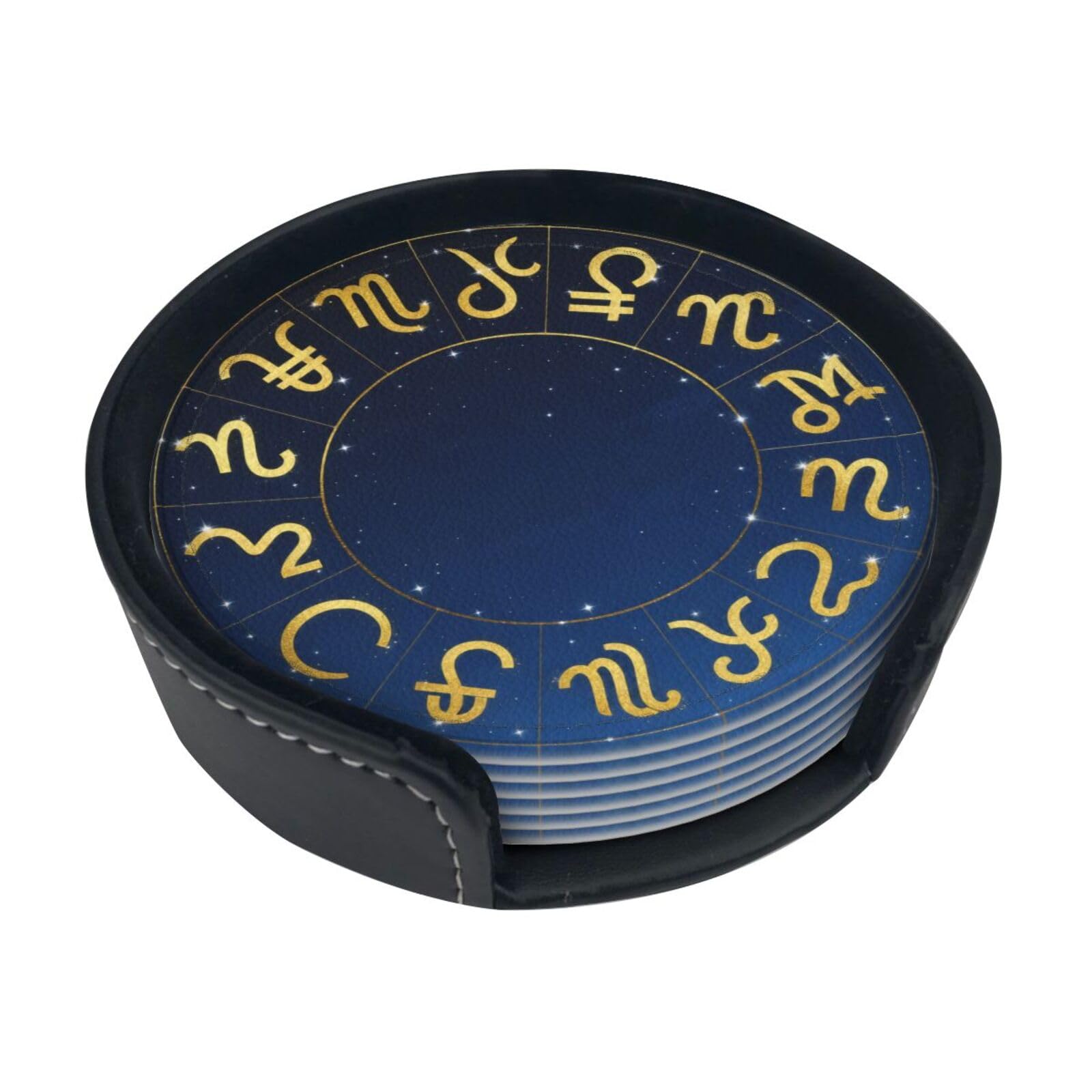 Cntdbu White Zodiac Symbol Gold Leather Coasters Set Of 6-Pu Leather Drink Mats For Table, Heat Resistant Round Coasters With Holder