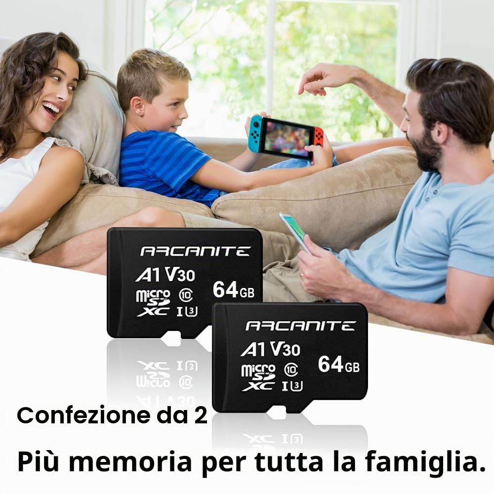 ARCANITE, set da 2 schede di memoria microSDXC 64 GB, UHS-I U3, A1, V30, 4K, C10, MicroSD, Velocità di lettura fino a 90 MB/s