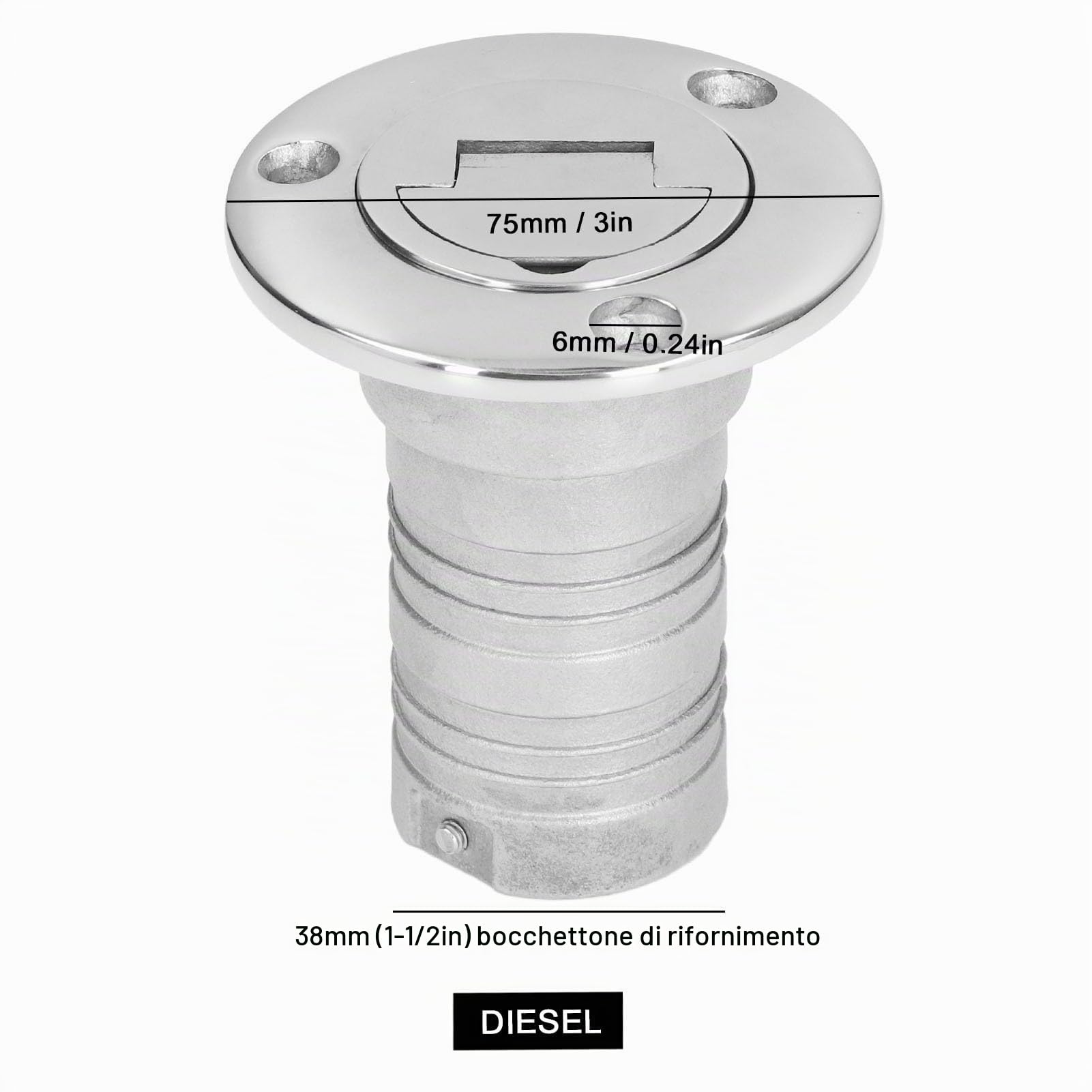 Bocchettone Rifornimento Carburante 38mm, Acciaio Inox 316