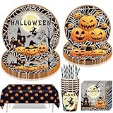 Halloween Partygeschirr Set,61 Stück Halloween Party Geschirr Teller Set,Partygeschirr aus Pappteller,Kürbis Papier Teller,mit Pappteller Becher Servietten Tischdecke Strohhalme für 10 Gäste