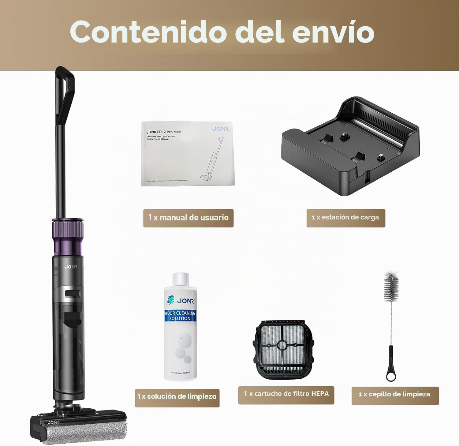 JONR ED 12 Pro MAX Aspiradora Fregona sin Cable (ED 12 Upgrade) – 17000 Pa Succión Potente, Pantalla LCD, Diseño 180°, Batería 4000 mAh (40 Min de duración), Autolimpieza 70 °C & Secado 5 Min Suelos.