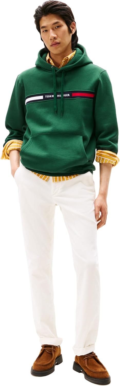 Tommy Hilfiger Men's Medium Weight Fleece Hoodie Sweatshirt With Signature Stripe Logo