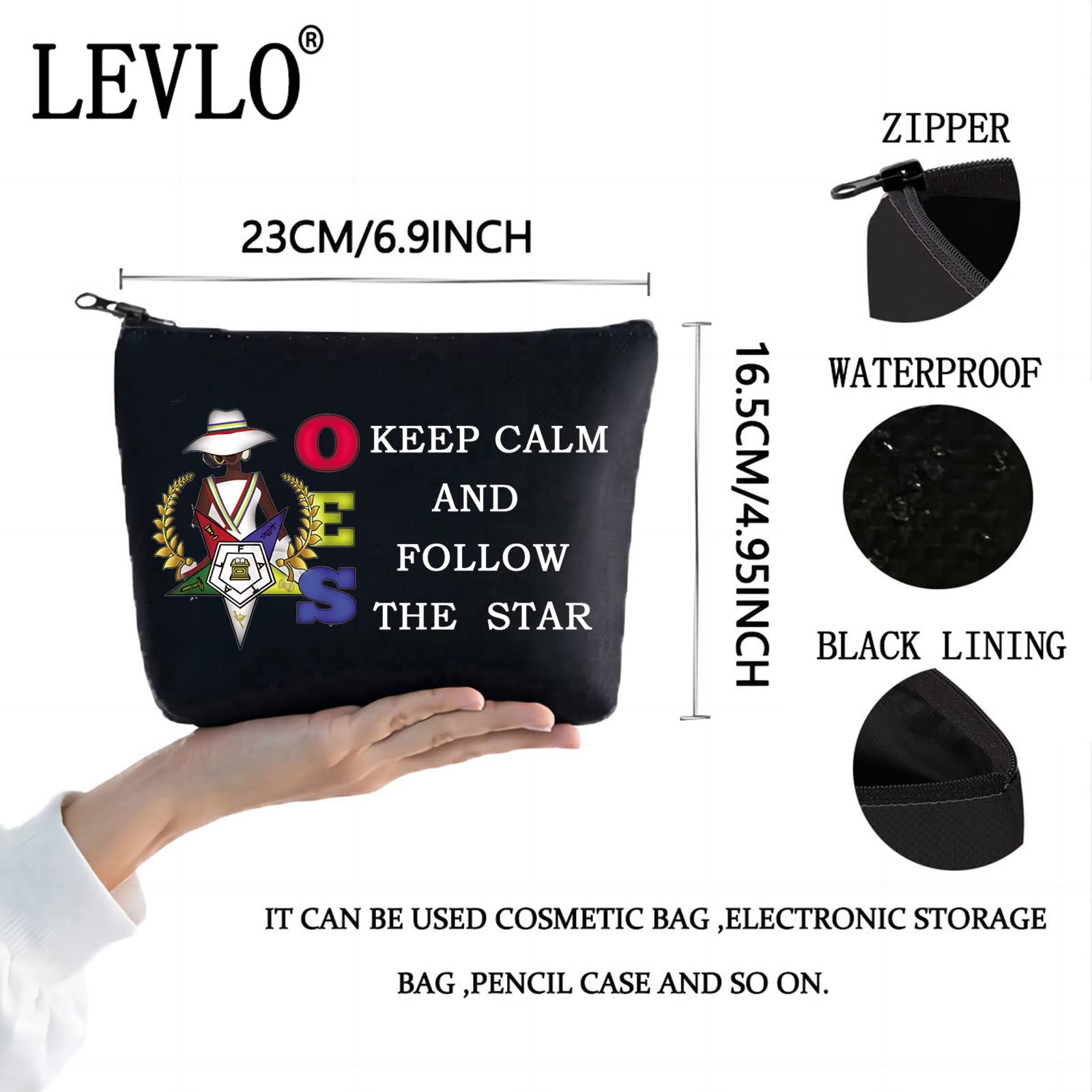 LEVLO Order of The Eastern Star Sorority Cosmetic Make Up Bag OES Sorority Gift Keep Calm And Follow The Star Makeup Zipper Pouch Bag for Women Girls Follow The Star Black - Image 2
