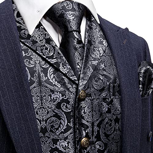 Image of Barry.Wang Mens Silk Lapel /Shawl Collar Vest Tie Sleeve Holder Set Formal /Casual Paisley Vests Wedding Tuxedo Waistcoat