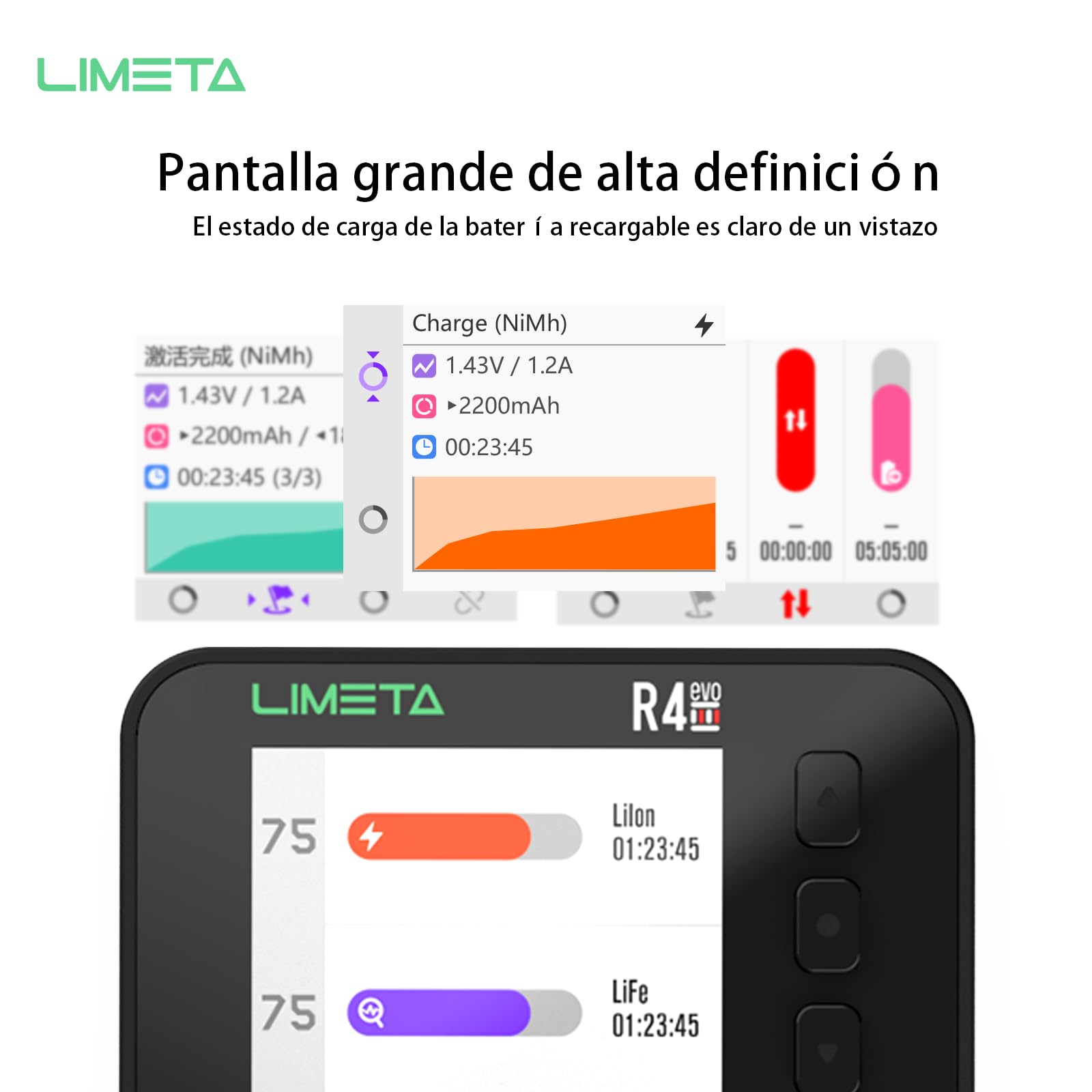LIMETA Cargador de batería Inteligente AA AAA 6 Ranuras LCD más rápido 18650 Cargador de batería Tipo C QC3.0 de Salida de Litio con función de Carga y Descarga cíclica